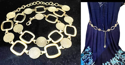 Gold Tone Chain Square Disks Links Modernist Women's Belt 35"-41" Long Hip Waist - Image 1 of 4