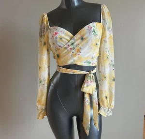 Floral Wrap Crop Top Yellow Long Puff Sleeve Smocked Back Small Milkmaid Y2K - Picture 1 of 9