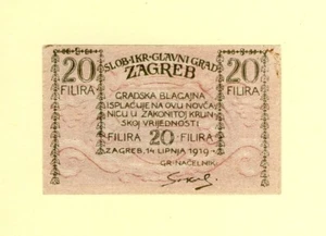 CROATIA 20 FILIRA 1919 ZAGREB CITY City money of ZAGREB RARE VF++ - Picture 1 of 2