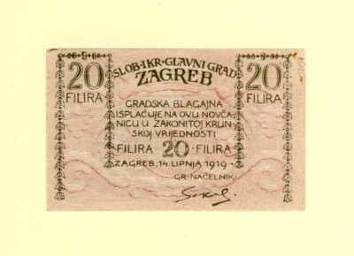 CROATIA 20 FILIRA 1919 ZAGREB CITY City money of ZAGREB RARE VF++ - Image 1 of 2