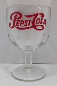 VINTAGE PEPSI-COLA THUMBPRINT GOBLET - RED LETTERS - CLEAR GLASS - EXCELLENT - Picture 1 of 7