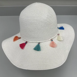 CC Exclusive Womens Sun Hat White Colorful Tassels Beach Floppy Brim UV50+ Paper - Picture 1 of 17