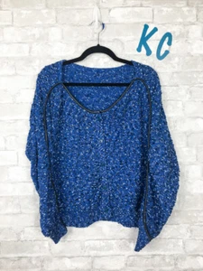 NWOT Women's Blue Black White Knit Sweater Leather Stripe Button Up One Size - Bild 1 von 2