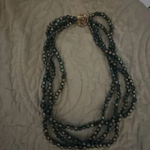 Miriam Haskell vintage blue beaded pearl necklace Green Tiger Eye Gold Rose Rare - Picture 1 of 6