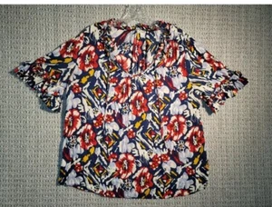 Odille Anthropologie Floral Rüschen Tie Neck Kurzarm Top Bluse Gr 12 - Bild 1 von 9