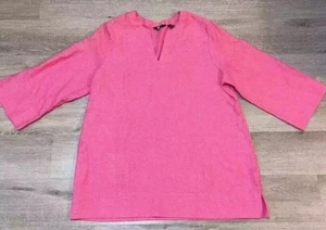 Lands End Woman’s Pink Linen Top 3/4 Sleeves Slits Notch Neck Large Tunic NWT - Picture 1 of 8