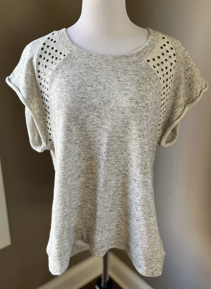 Pam And Gela Cap Sleeve Heather Grey Cotton Sweatshirt w/Studs **Size Large EUC - Image 1 of 4