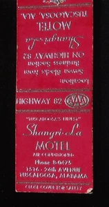 Shangri-La Motel 1516 24th Avenue Tuscaloosa AL Matchbook Alabama década de 1950 - Imagen 1 de 2