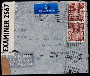 1941 Air Mail Bradford Buenos Aires SG 476 2/6 Brown Pair Censored Cover - Picture 1 of 2