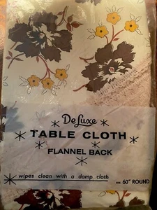 Tovaglia vintage vinile flanella retro bordo tessuto 60” rotonda marrone arancio crema - Foto 1 di 3