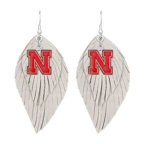 Nebraska Cornhuskers White Red Boho Leather Feather Hook Earrings Jewelry NU Cover