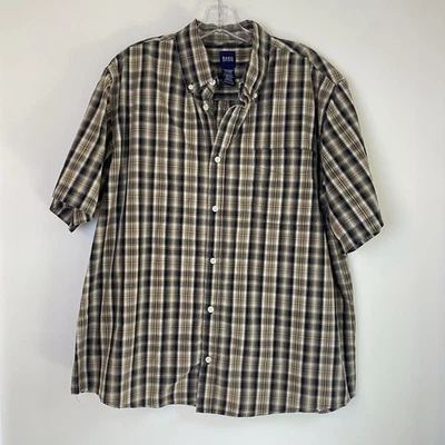 Basic Editions Button Down Brown & Black Plaid Short Sleeve Shirt Men’s Large - Image 1 of 4