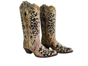 Botas para mujer Corral negras con incrustaciones de brillo superposición floral y cristales marrón talla 6 - Imagen 1 de 14