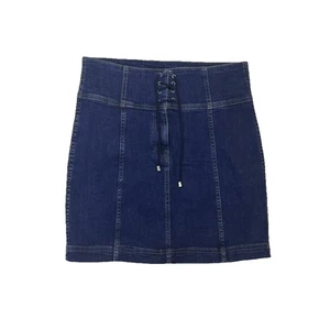 Free People Skirt Womens 12 Stretch Denim Dark Blue Jean Lace Up Tie Zipper Boho - Picture 1 of 15
