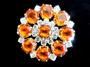 XL Gorgeous Czech Vintage Style Glass Rhinestone Button Amber & Crystal - Bild 1 von 3