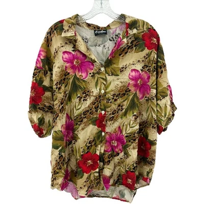 Caribou (2X) American VINTAGE 80s Womens Cream Floral Aloha Blouse Top Shirt - Image 1 of 4