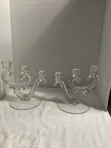 FOSTORIA CENTURY CRYSTAL PAIR OF TRIPLE-LIGHT CANDLE HOLDERS CANDLESTICKS - Picture 1 of 9