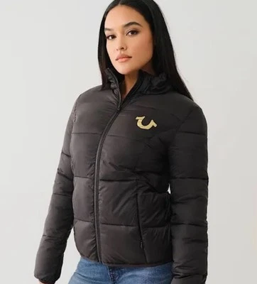 NWT WOMEN'S TRUE RELIGION SLIM PUFFER JACKET ONYX FULL ZIP COAT SZ M $199 - Image 1 of 4