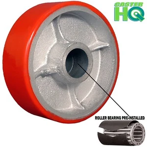 CasterHQ - 4" x 2" rotes Polyurethan auf Gusseisenrad (1) Rollenlagerrad - Bild 1 von 3