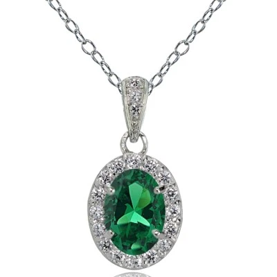 Sterlingsilber Synthetischer Smaragd und Weiß Topas Oval Halo Halskette - Bild 1 von 3