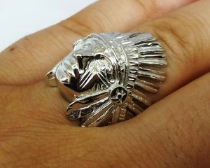 M058 Genuine 9ct White Gold INDIAN Chief Wide Mens Ring size 10 Native American - Picture 1 of 1