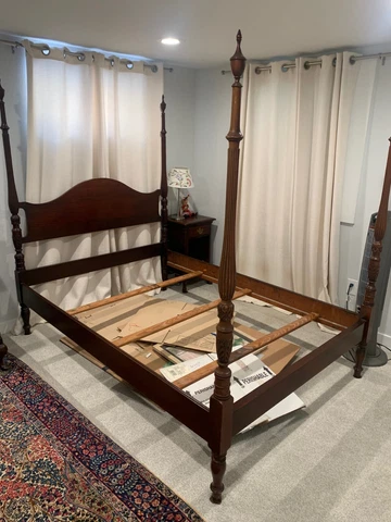 antique bedroom furniture set with four poster bed frame, nightstand, & dresser Cover
