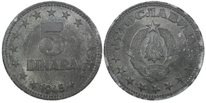 Yugoslavia Zinc 1945 5 Dinara WWII Issue 26.5mm 1 Year Type UNC KM# 28 (24 481) - Picture 1 of 3
