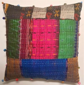 2Pcs Vintage Silk Patola Patchwork Pom Pom Kantha Embroidered Cushion Cover 40cm - Picture 1 of 5