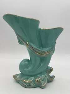 Vintage türkis/türkis Rumpf Keramik Doppel Füllhorn Vase mit Goldstaub Trim - Bild 1 von 12