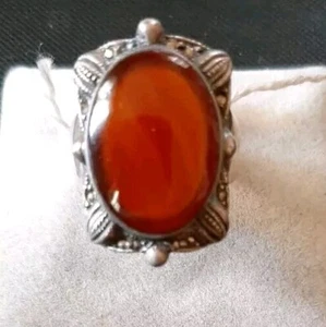 Anello Argento Sterling 925 Corniola ?Agata ? Naturale Gioielleria epoca Vintage - Foto 1 di 13