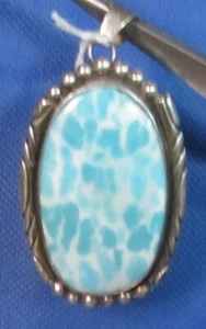 Signed Large Larimar and Sterling Silver Pendant, Lots of Tooling - Picture 1 of 2