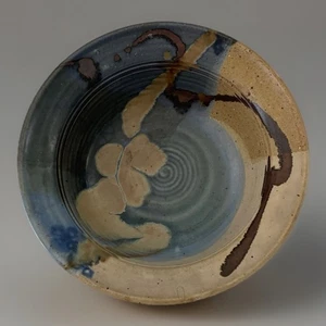 Vintage Handmade Stoneware Art Studio Large Bowl Blue Tan Brown Signed 10” Round - Picture 1 of 13