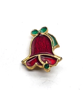 Red Green Enamel Rhinestone Gold Tone Christmas Bell Brooch Vintage - Picture 1 of 4