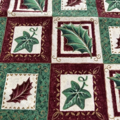 CHRISTMAS FABRIC BURGUNDY, GREEN & GOLD LEAVES IN SQUARES 24" X 11" + FAB 121 - Image 1 of 4