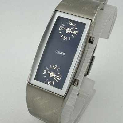 Relógio de quartzo feminino Genebra cano prata mostrador azul movimentos duplos nova bateria 7" - Imagem 1 de 4