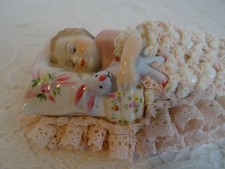 BEAUTIFUL DRESDEN FIGURINE MV IRISH DRESDEN PORCELAIN LACE - BABY wth BUNNY 