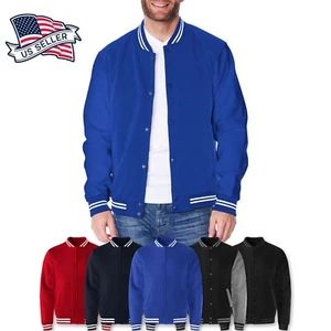Mens Soft Fleece Varsity Button Up Big and Tall Vintage Bomber Jacket Pocket - Picture 1 of 9