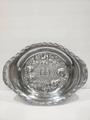 Plato para servir peltre GORHAM diseño de fruta en relieve y tejido de cesta 16" Foto 1 de 4