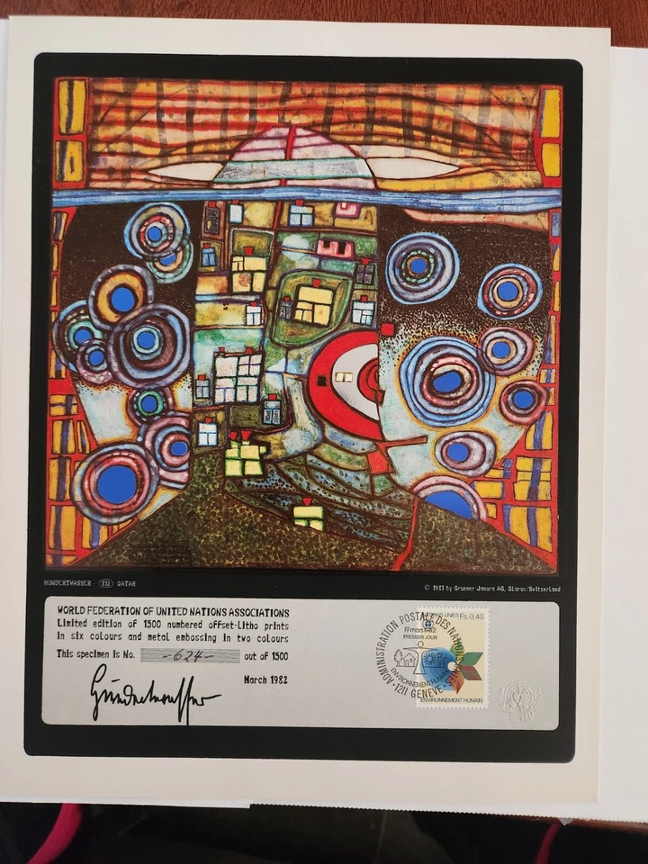 HUNDERTWASSER, NAÇÕES UNIDAS, LITOGRAFIA DE BELAS ARTES - 1982 + 4 envelopes de cache, P/N - Imagem 1 de 4