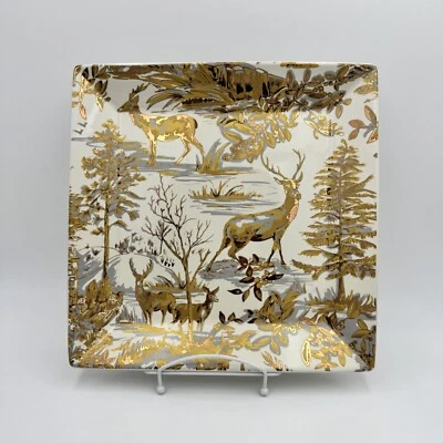 Pottery Barn "ALPINO/ORO" ciervos en bosque plato cuadrado grande para servir 11"" Foto 1 de 4