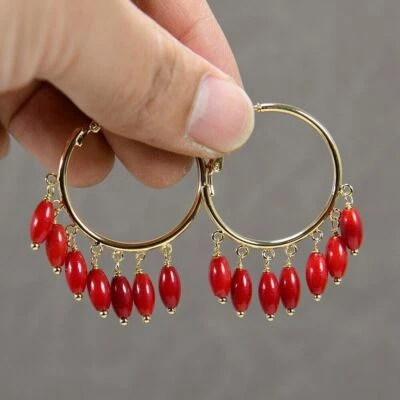 Pendientes de aro colgantes circulares de cobre enchapados en oro coral rojo estilo vintage para dama Foto 1 de 4
