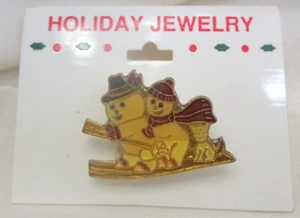 New Vintage Holiday Jewelry Skiing Christmas Snowmen Pin Brooch Brass Acrylic - Picture 1 of 3