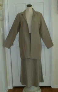 2pc EILEEN FISHER Silk & Linen Tan Gray Open Jacket & Elastic Waist Maxi Skirt M - Picture 1 of 12