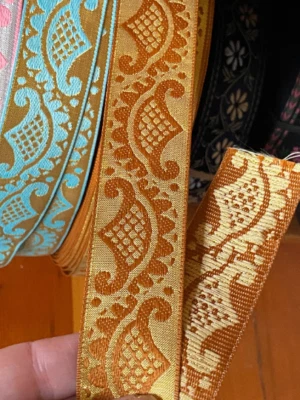 metropolitan fan design, jacquard woven trim, 4 colors, sold by the yard. - Image 1 of 4