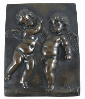 Plaque en relief bronze signée Clodion, Putti, chérubins, excellent état. - Photo 1/4