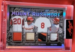 Tarjeta de jersey usada en el juego Pete Rose #d2/2 Johnny Bench BAT JOE MORGAN FRANK ROBINSON - Imagen 1 de 3