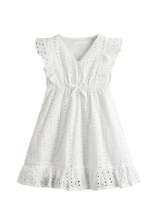 Girl's Ruffle Cap Sleeve Party Dress Eyelet A-Line Ruffle V-Neck Design - Picture 1 of 6