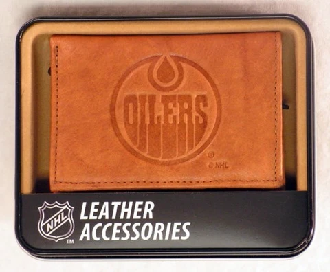 Edmonton Oilers NHL Embossed Brown Leather Trifold Wallet NEW in Gift Tin Cover