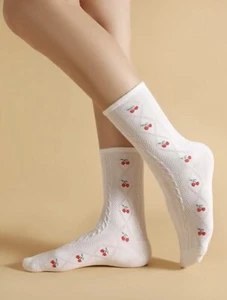 Womens Cherry Embroidery Detail Fruit Summer Cute Crew Solid Vintage Gift Socks - Picture 1 of 3