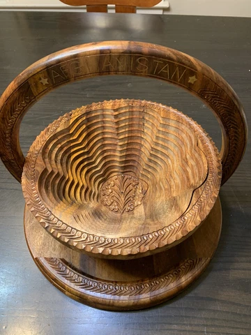 “Afghanistan" Folding Collapsible Hand Carved Wood Basket Trivet Cover